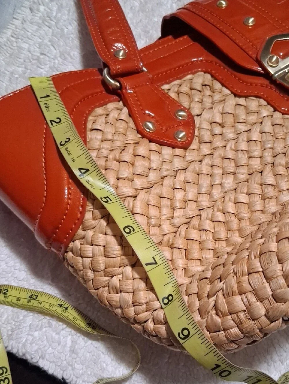 MICHAEL Michael Kors Woven Straw Tote with Burnt Orange Patent Trim
